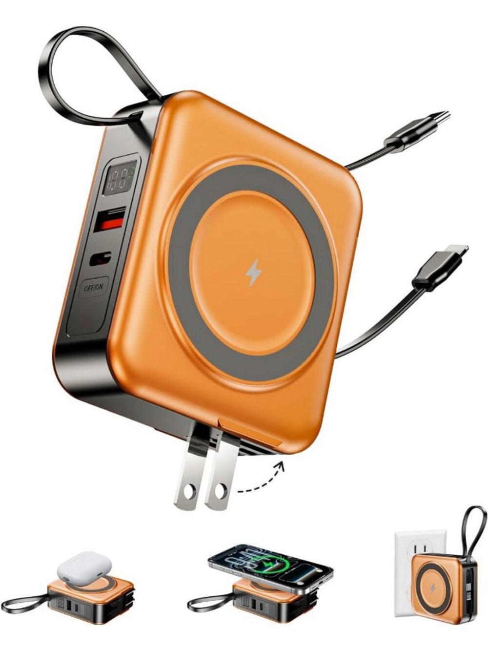 10000mAh Portable Charger with Built-in Cables & AC Plug - Fast Charging, Orange